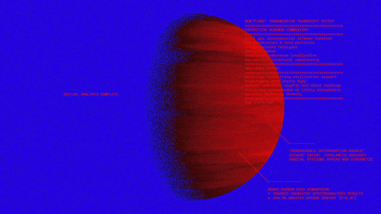 A pixelated image of a stylized Jupiter, in red against a blue sky
